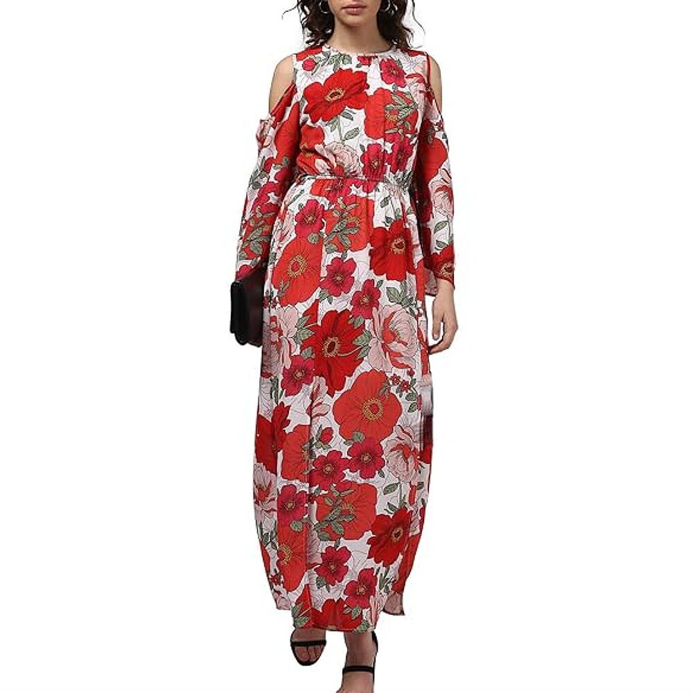 Go Coco Large-Scale Floral Print Maxi Dress (1X) Red Pink Green White Leg Slits - Picture 13 of 14